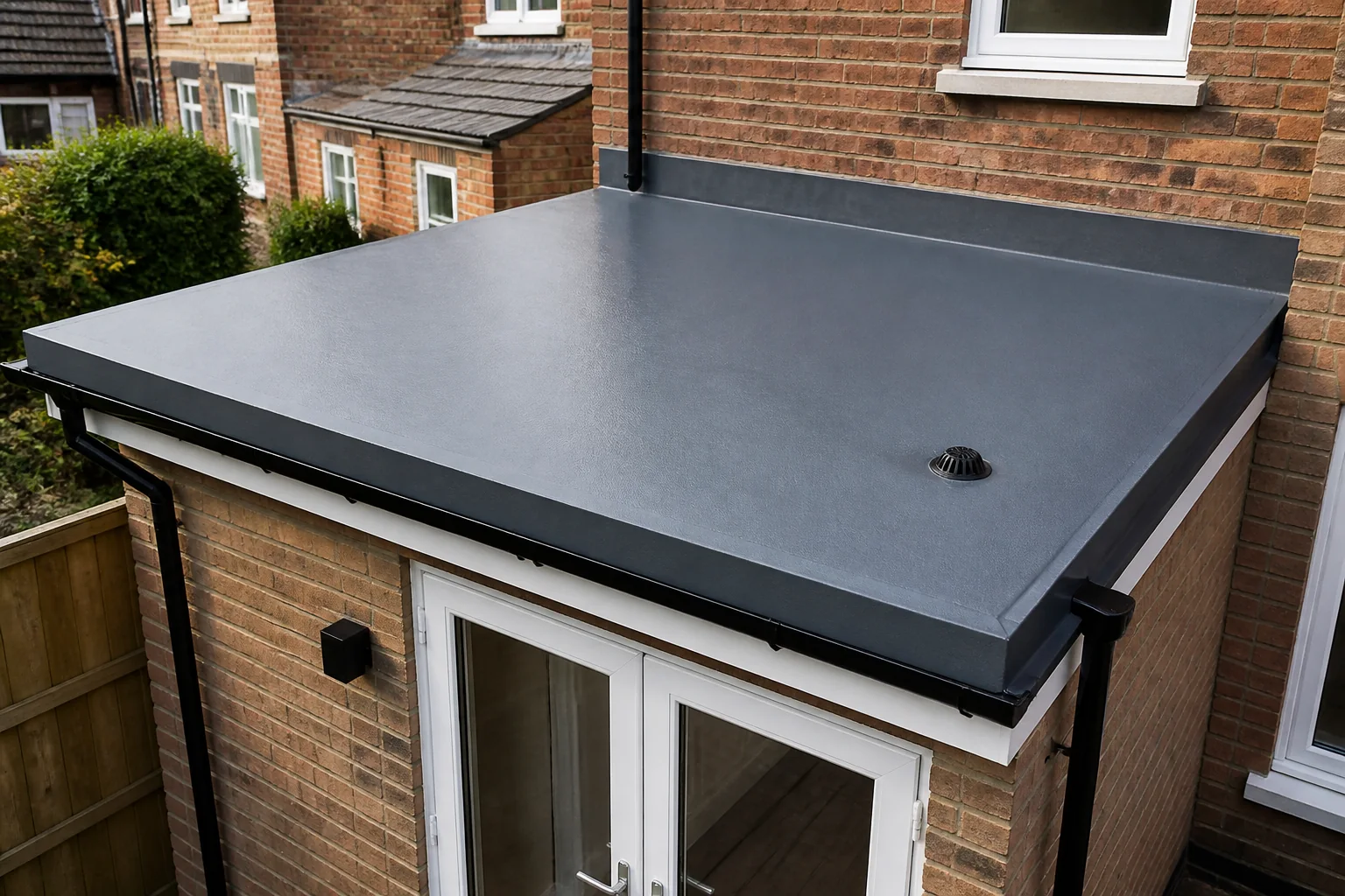 Finished dark grey flat roof with wall upstand, perimeter trims, outlet and guttering