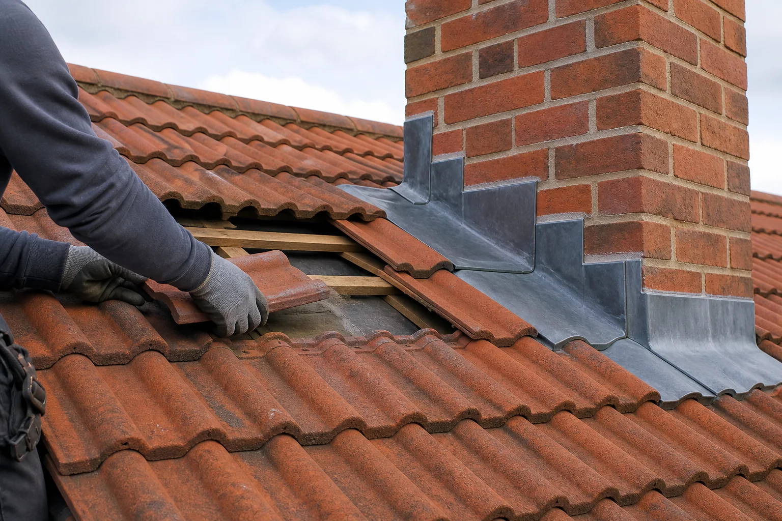 Roof repair in progress around a brick chimney with new lead flashing and replacement tiles