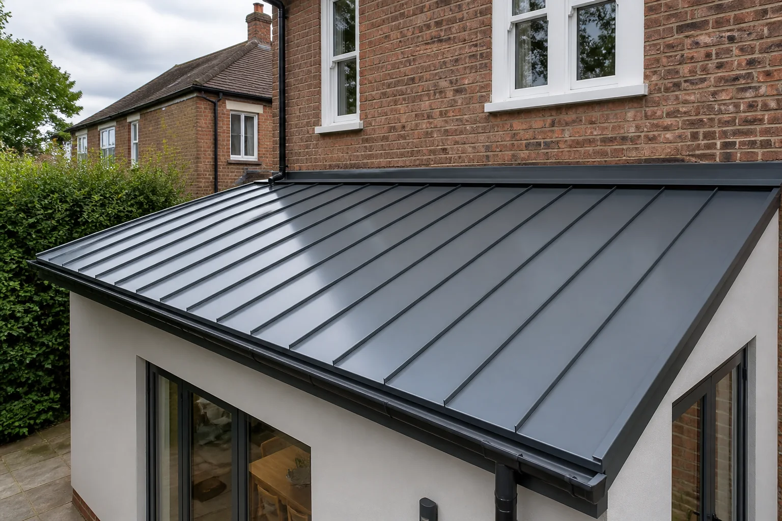 Completed charcoal standing-seam metal roof on a residential rear extension